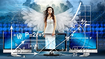 Angel in white dress with wings holding tablet surrounded by math formulas and binary code