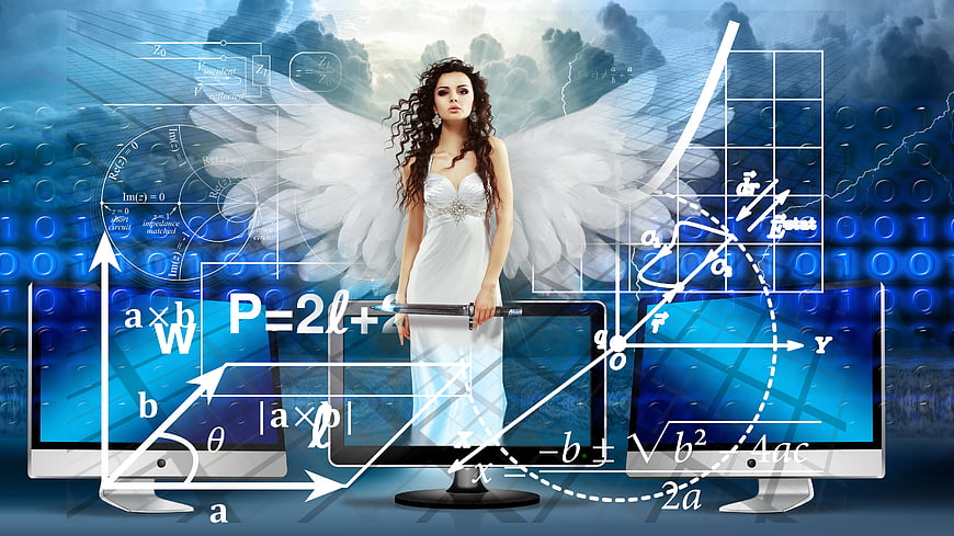 Angel in white dress with wings holding tablet surrounded by math formulas and binary code