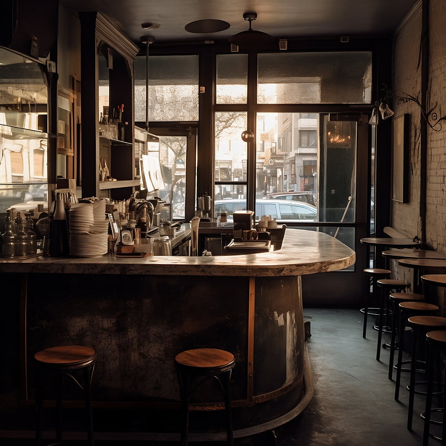 Empty rustic coffee shop interior with counter and stools