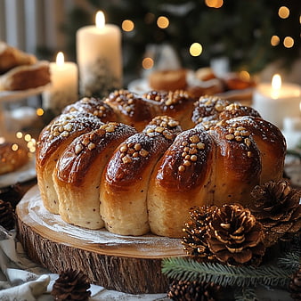 Festive Glazed Brioche Bread with Nuts on Wooden Board