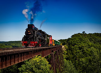 Vintage steam locomotive crossing trestle bridge in scenic landscape