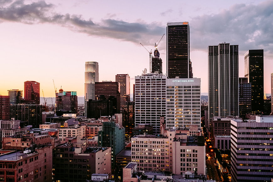 Los Angeles Skyline at Sunset with City National Bank