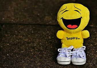 Yellow Laughing Emoji Plush Toy with White Sneakers