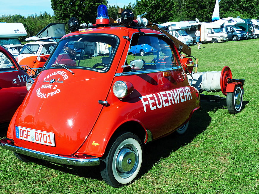 Vintage Red BMW Isetta Fire Brigade Car At Outdoor Car Show
