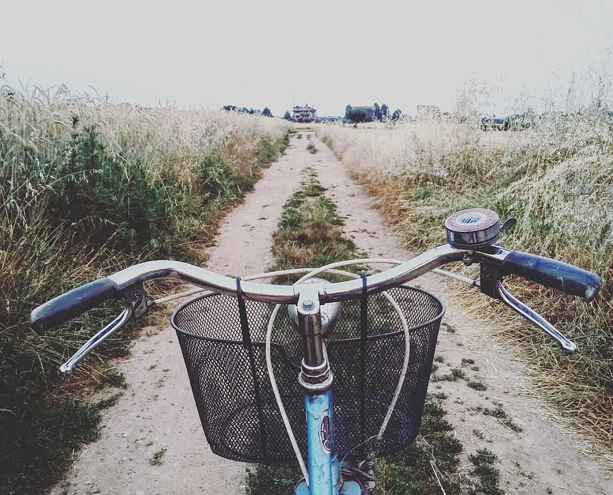 Vintage bicycle handlebars and basket on a rural dirt path