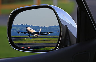 Lufthansa Airplane Reflection in Car Side Mirror