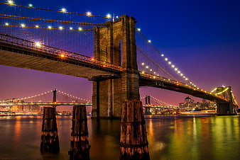 Brooklyn Bridge Night Skyline with Manhattan Bridge Reflection