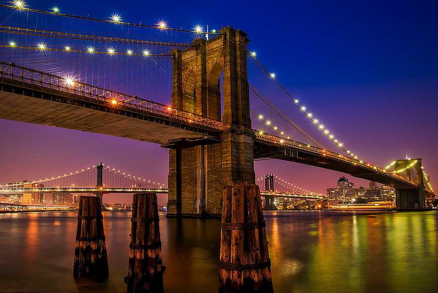 Brooklyn Bridge Night Skyline with Manhattan Bridge Reflection