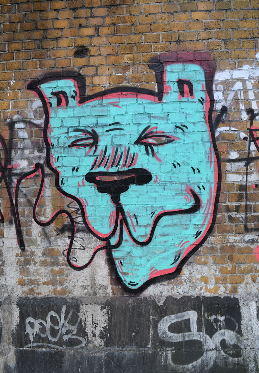 Turquoise Cat Graffiti on Brick Wall
