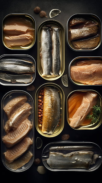Flat lay of various canned fish and seafood varieties