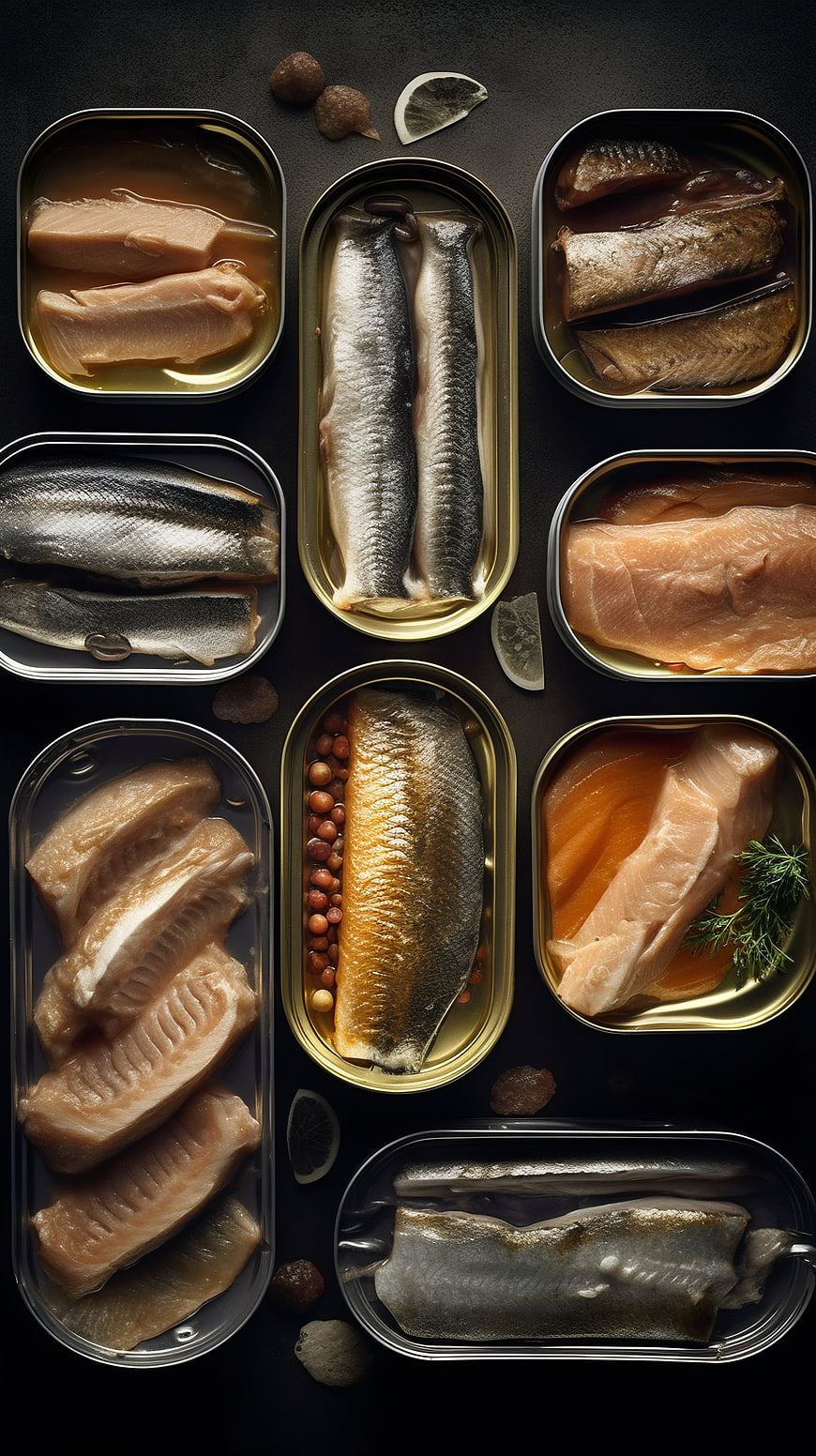 Flat lay of various canned fish and seafood varieties