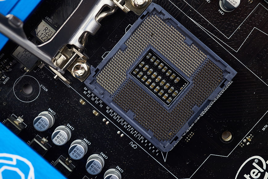 Close-up of empty CPU socket on computer motherboard