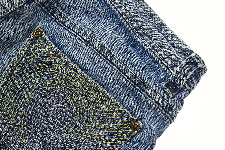 Close-up of Blue Denim Jeans Pocket with Yellow Stitching