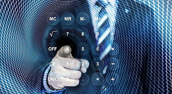 Hand pressing calculator button on digital blue network background