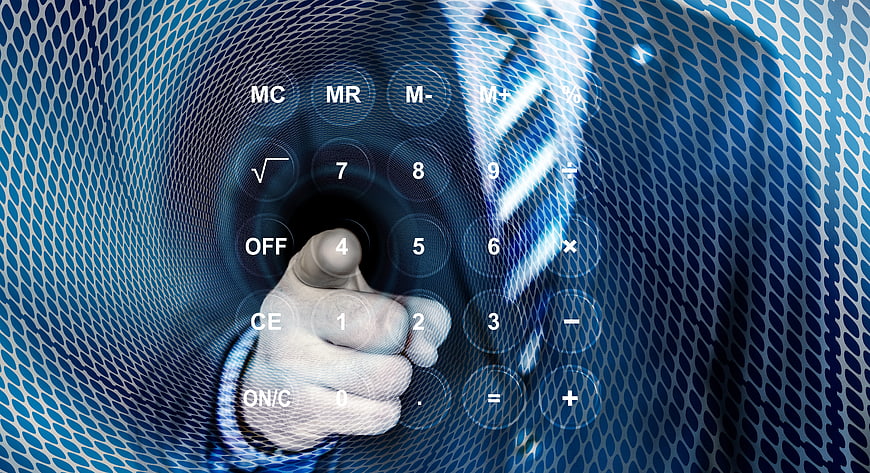 Hand pressing calculator button on digital blue network background
