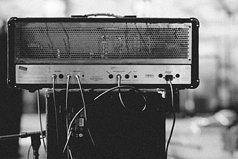 Rear view of guitar amplifier head and speaker cabinet