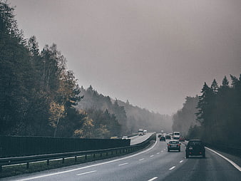 Cars driving on a foggy highway through autumn forest