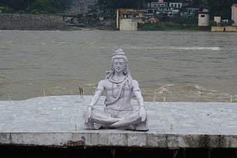 White Marble Shiva Statue Meditating by River Ganges
