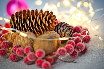Festive Christmas Still Life With Pinecones, Walnuts, And Frosted Berries