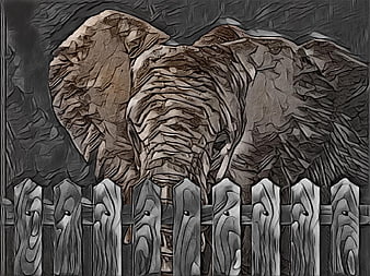 Artistic woodcut style illustration of an elephant behind a fence
