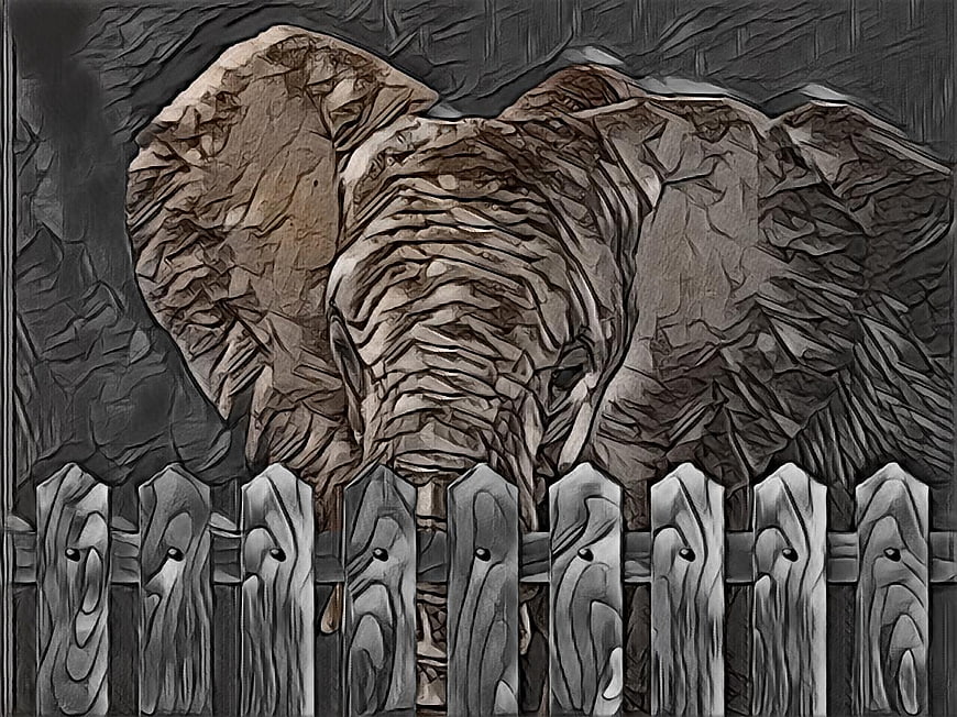 Artistic woodcut style illustration of an elephant behind a fence