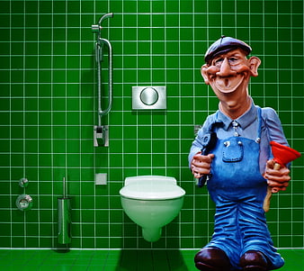 Plumber Statue with Plunger in Green Tiled Bathroom
