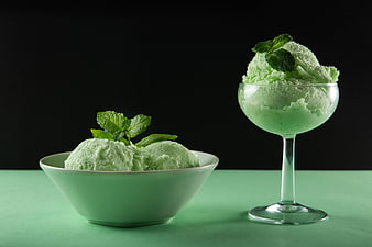 Mint Ice Cream in Bowl and Glass on Green Background