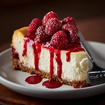 Creamy Cheesecake Slice with Raspberries and Red Sauce