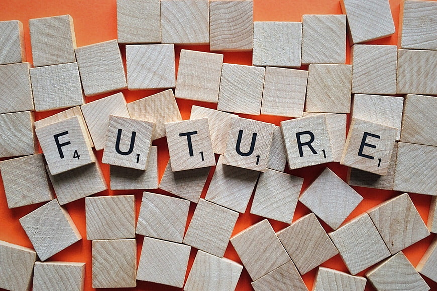 Wooden Scrabble Tiles Spelling Future on Orange Background