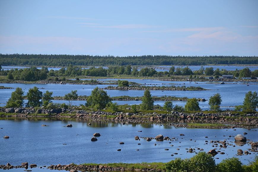 Scenic summer landscape of rocky islands and blue water