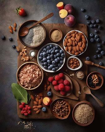 Top View of Healthy Breakfast Ingredients with Berries and Nuts