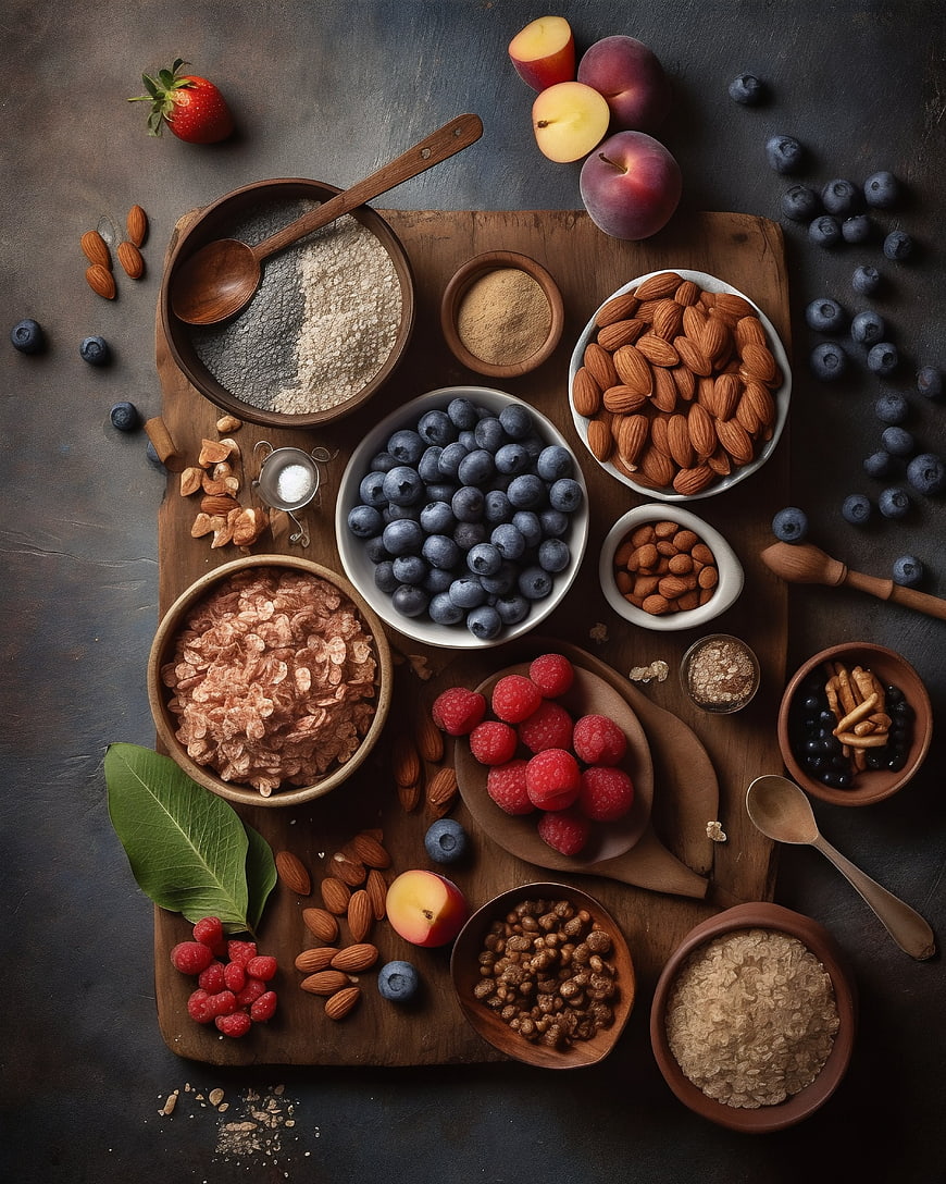 Top View of Healthy Breakfast Ingredients with Berries and Nuts