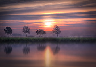 Serene Sunrise Landscape with Tree Reflections in Misty Water