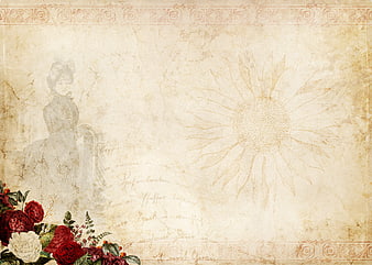 Vintage Victorian Floral Background With Lady Portrait And Sunflower Sketch