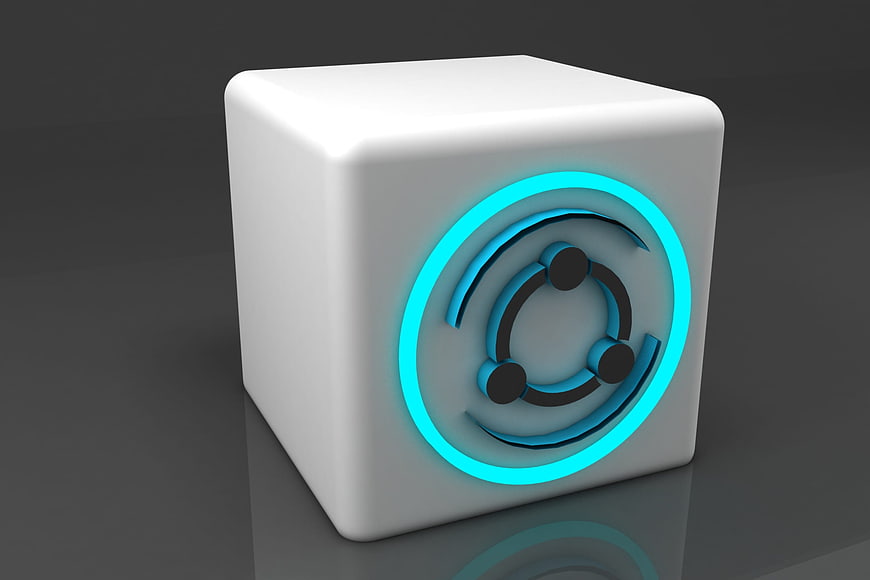 3D White Cube With Glowing Cyan Technology Logo