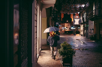 Man Walking with Flowers and Umbrella on Rainy Night Street