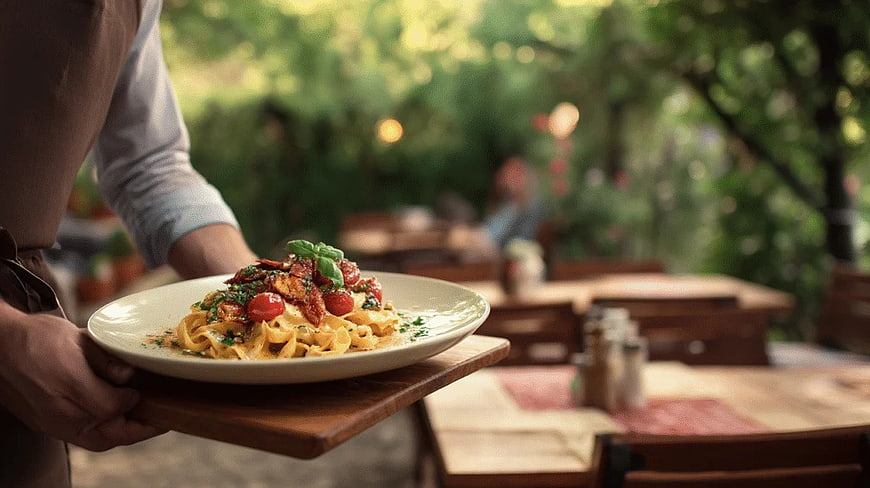 Waiter Serving Fresh Pasta with Tomatoes and Basil