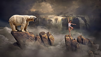 Fantasy composite of polar bear and woman on rocky peaks