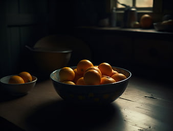 Bowl of Oranges in Dark Moody Kitchen