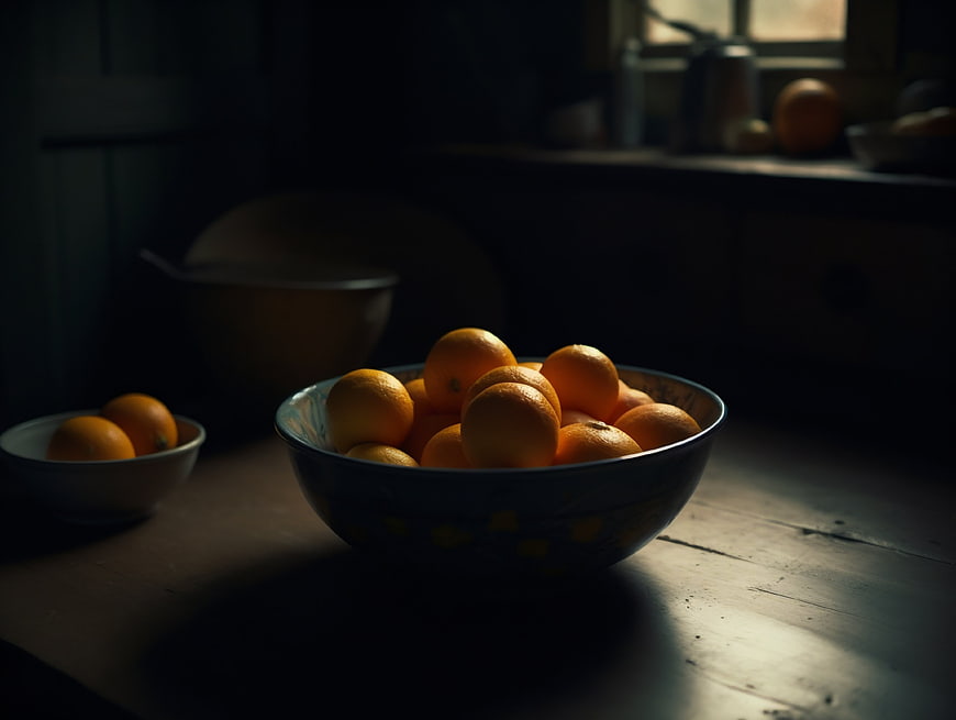 Bowl of Oranges in Dark Moody Kitchen