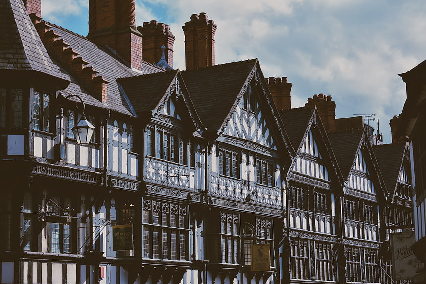 Historic Tudor-style timber-framed buildings in Chester, UK