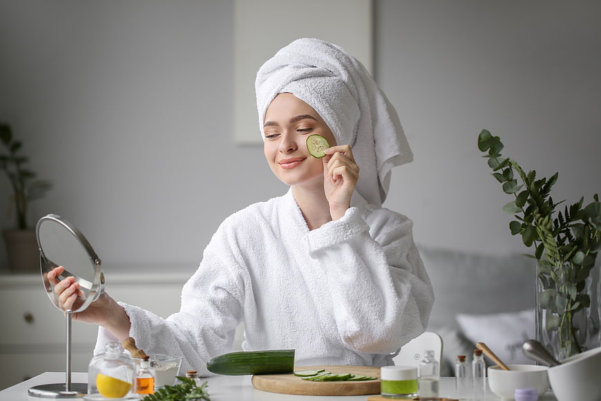 Woman with cucumber slice on face doing skincare routine