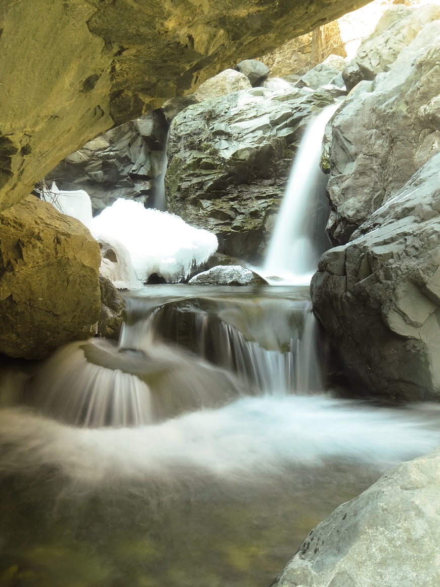 Long Exposure Waterfall in Rocky Canyon with Ice