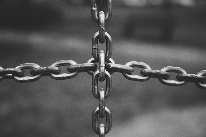 Close-up of interlocking metal chains in black and white