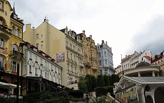 Colorful historic buildings in Karlovy Vary spa town
