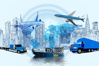 Global Logistics Concept With Trucks, Cargo Ship, Airplanes, And City Skyline