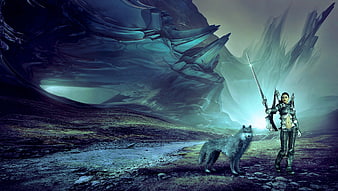Fantasy Warrior Woman and Wolf in Mystical Cave Landscape