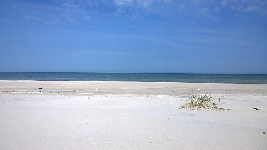 Serene White Sand Beach with Blue Sky and Ocean