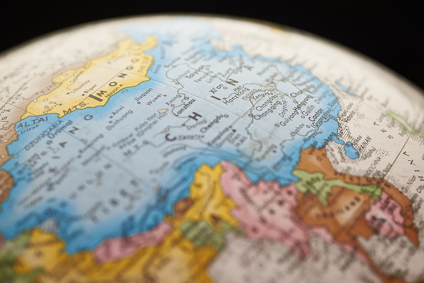 Close-up of China on a vintage-style globe