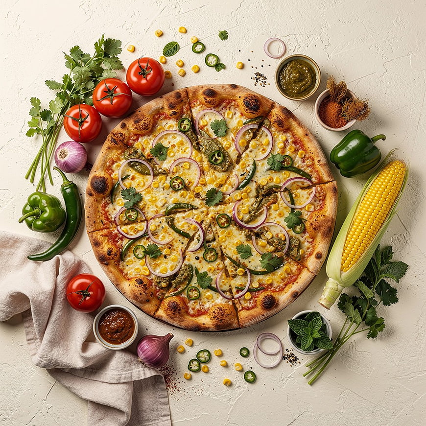 Top View Spicy Corn and Veggie Pizza with Fresh Ingredients